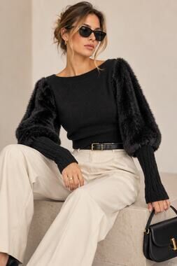 Patrizia Luca Black Faux Fur Sleeve Cropped Sweater XS Knit Crew Italian Fashion